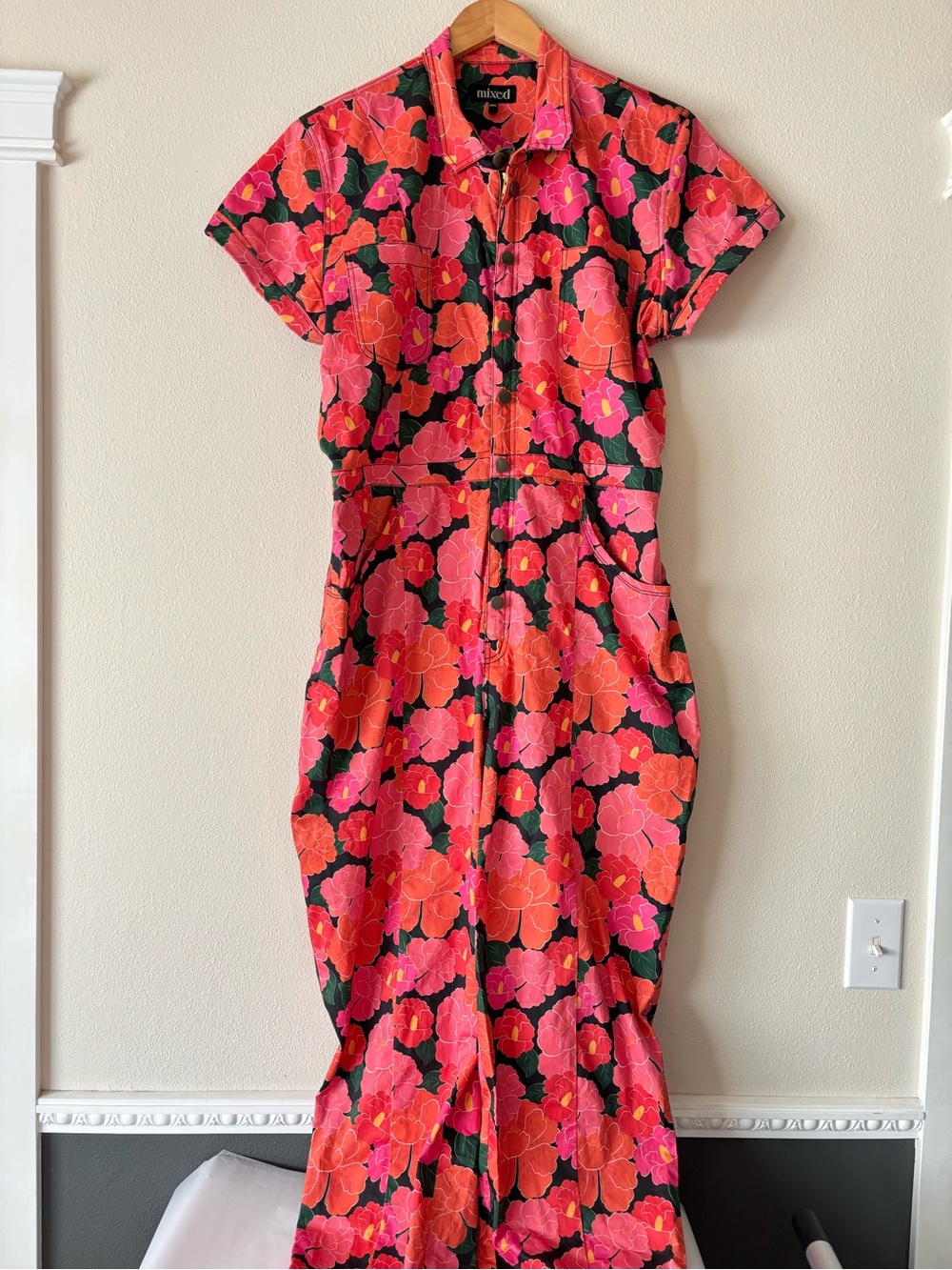 Mixed by Nasrin Floral Zip-Front Jumpsuit - Bright Pink & Orange